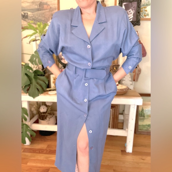 Vintage Wild Rose Periwinkle Blue Button Front Dress With Matching Belt - Picture 1 of 7